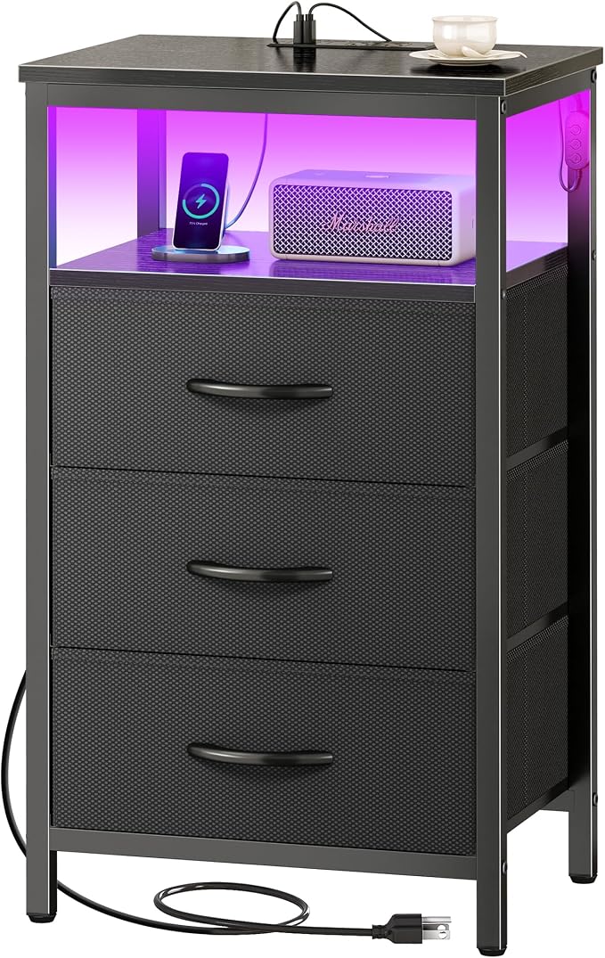 Huuger Night Stand with Charger Station and LED Lights, 3 Drawer Nightstand | by Huuger