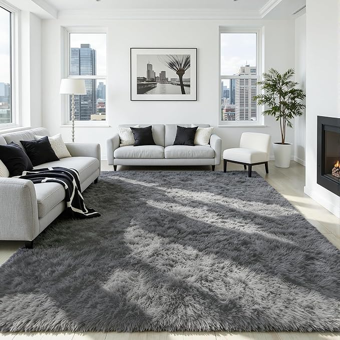 5x7 Fluffy Area Rug for Living Room: Non-Slip Light Grey Bedroom Carpet | Ultra - Image 2