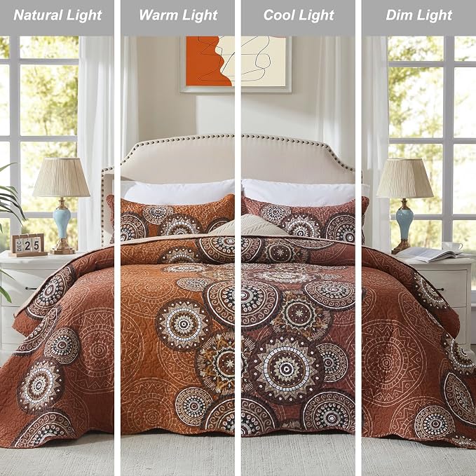 3-Piece Full Queen Size Burnt Orange Rust Quilt Set Lightweight Oversized - Image 2
