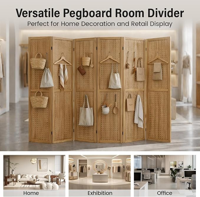 6 Panel Pegboard Room Divider, Folding Privacy Screen, Natural | 5.6 Ft Tall - Image 5