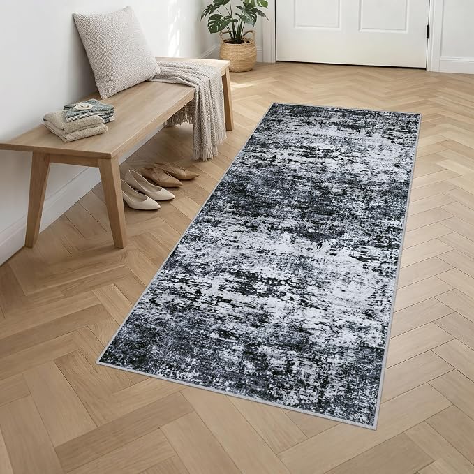 3x8 Washable Runner Rug：Modern Abstract Kitchen Carpet Black | - Image 3