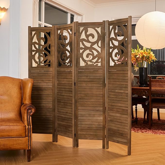 Svimi Folding Room Divider, 5.6Ft 4 Panels Wood Carved Privacy Screens - Image 4