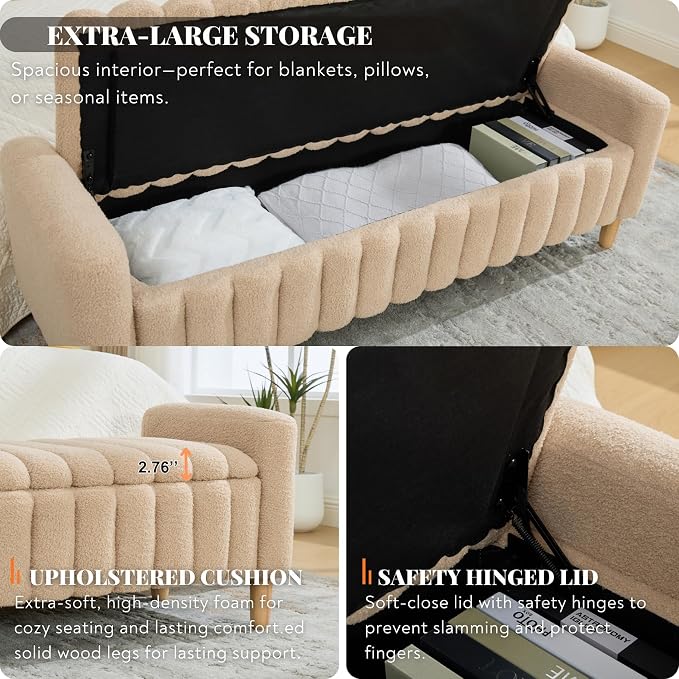 63.4" Cute Teddy Fabric Ribbed King Size End of Bed Bench. | Entryway Ottoman - Image 3