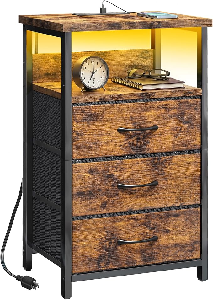 Fixwal Night Stand with 3 Fabric Drawers, Nightstand with Charging Station | by Fixwal