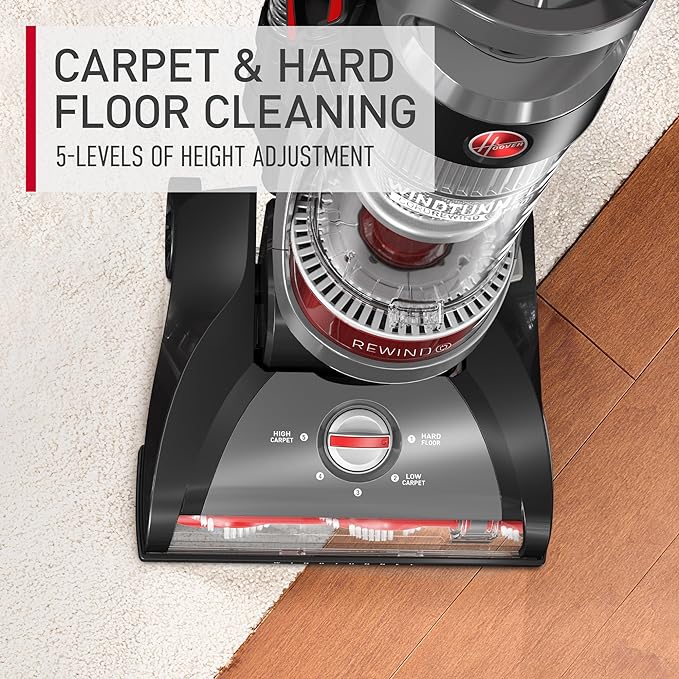 Hoover WindTunnel Cord Rewind Pro Bagless Vacuum Cleaner, Corded Upright Vacuum Cleaner for Carpet and Hard Floor, Automatic Cord Rewind, Corded Vacuum Cleaners for Home Use