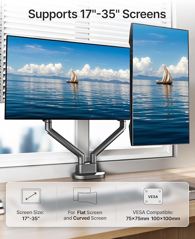 monTEK Dual Monitor Stand for 2 Screens 17 to 35 Inch, Heavy Duty Monitor Mount Arm, VESA Mount Desk Stand with C-Clamp/Grommet Base, Holds up to 24.3 lbs Per Arm, VESA 75/100mm, Gray, MA1010DG-D