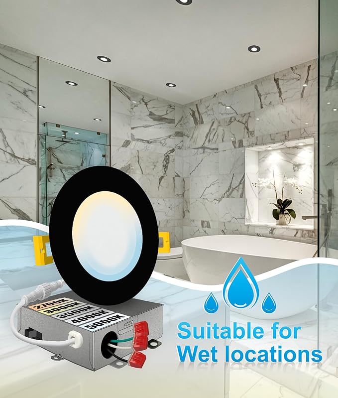 NUWATT 6 Pack, 4 Inch Ultra-Thin LED Recessed Lighting Black, 5CCT 2700K/3000K/3500K/4000K/5000K Selectable, 630LM, 9W, IC Rated, Dimmable Canless Wafer Light, Damp Rated Pot Lights with Metal J-Box