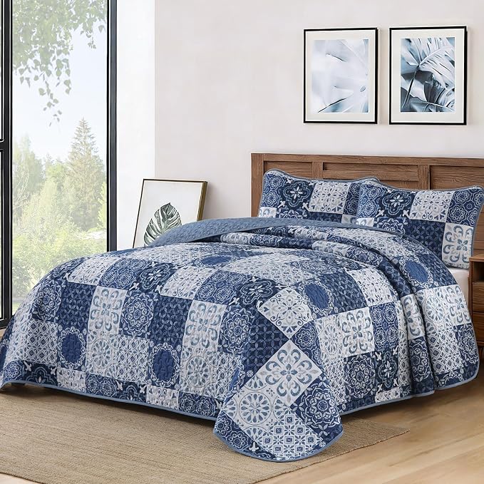 Dobuyly Quilt Set King Boho Plaid Patchwork Bedspreads Coverlet, Lightweight - Image 2