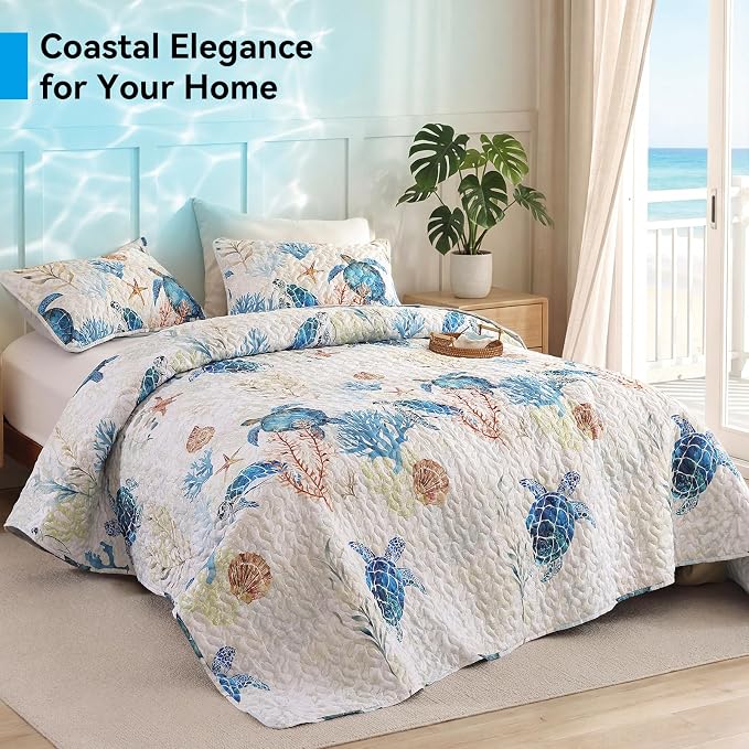 weigelia Coastal Quilt King Size, Sea Turtle Lightweight Summer Bedding | Sea - Image 5