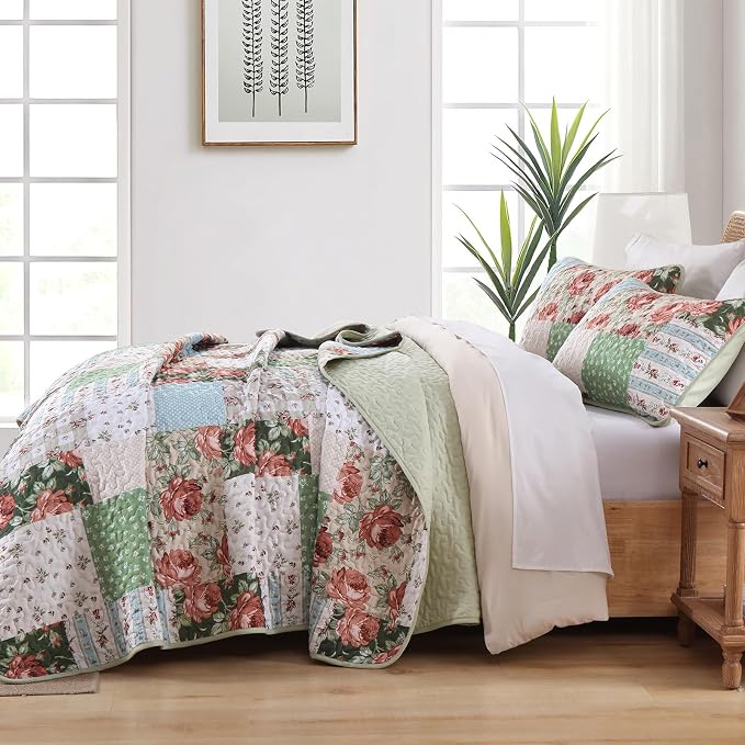 Anibedding Floral Patchwork Quilt Set King Size, Soft Lighweight Farmhouse - Image 4