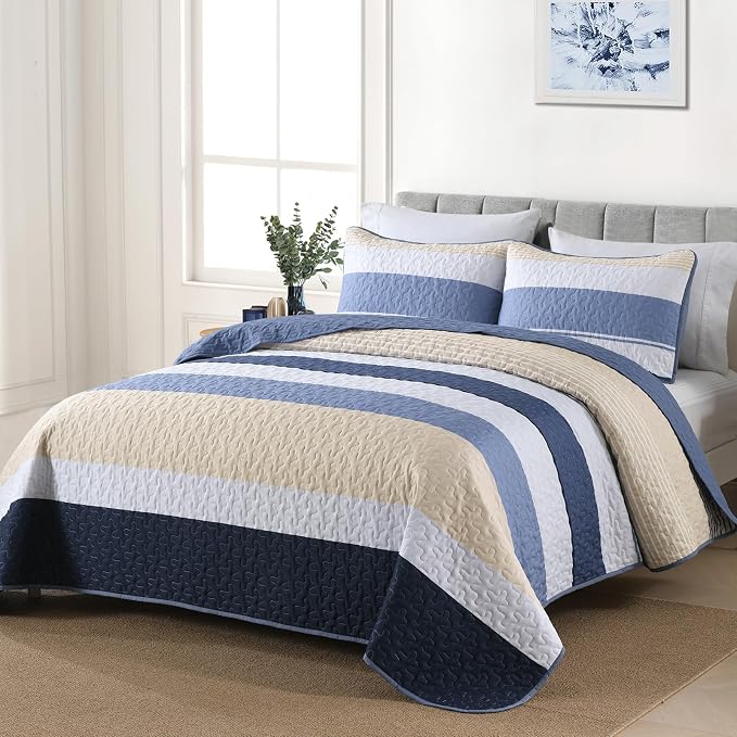 Dinjoy King Boho Striped Quilt Set, Breathable All-Season, 3-Piece Set Fits - Image 2