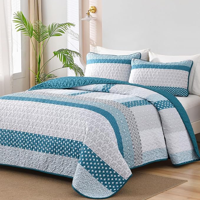 WONGS BEDDING Teal Blue King Size 3-Piece Quilt Set, Boho Stripe Bedspread | by WONGSBEDDING