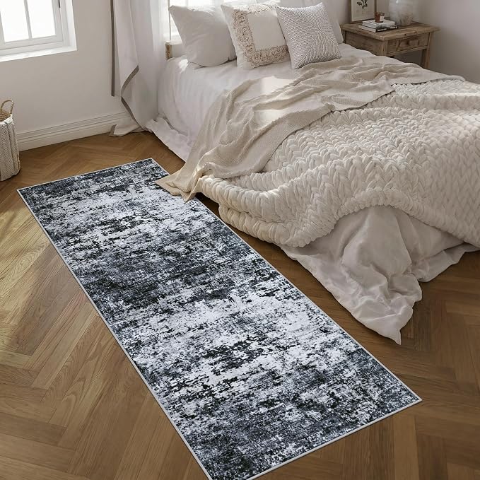 3x8 Washable Runner Rug：Modern Abstract Kitchen Carpet Black | - Image 2