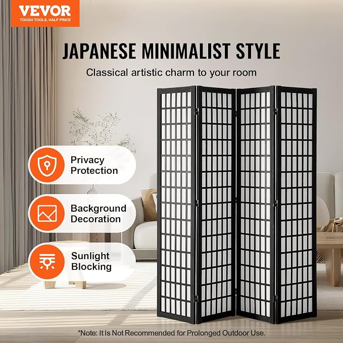 VEVOR Room Divider, 4 Panel Japanese Room Divider, Wood Folding Privacy Screen - Image 2