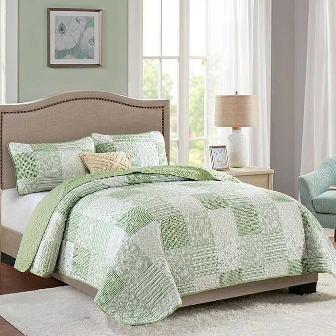 Mybedsoul Light Green Quilt Set Full Size, 3 Pieces Plaid Floral Bedspread Set - Image 2