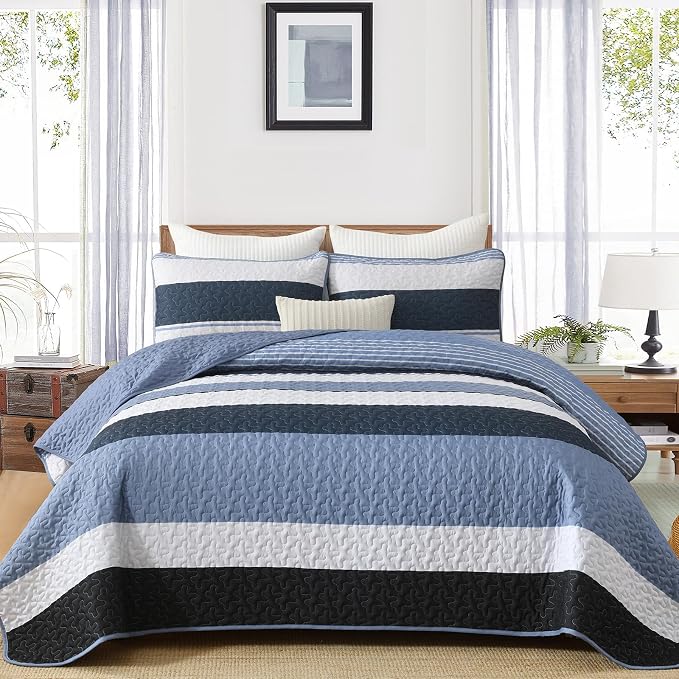 Dinjoy Queen Boho Striped Quilt Set, Breathable All-Season, 3-Piece Set Fits by DINJOY