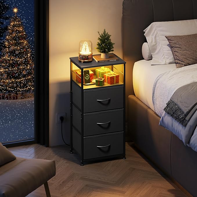 WLIVE Nightstand with Charging Station, 31.9" H Nightstand with 3 Fabric Drawers - Image 2