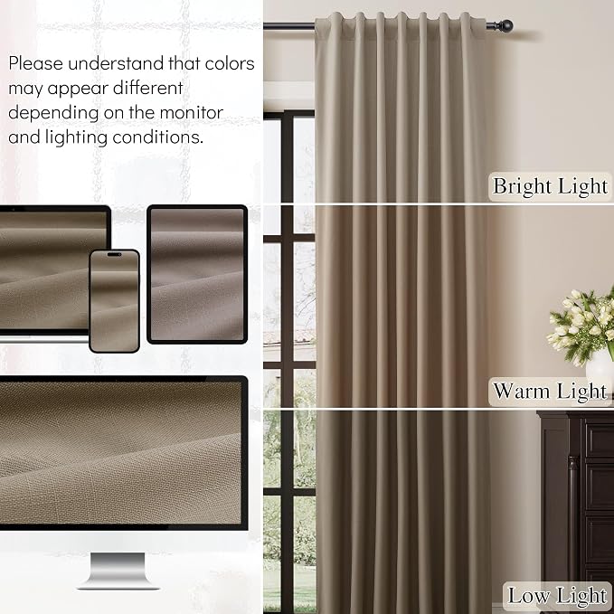 Light Camel Linen 100% Blackout Curtains 120 Inch Long 2 Panels Back Tab Hook - Image 7