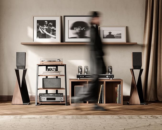 FITUEYES Design 4-Tier AV Media Stand Corner Shelf for Record Player Wooden Stereo Cabinet Audio Rack Tower with Height Adjustable Wooden Shelves for ps4 (Walnut)