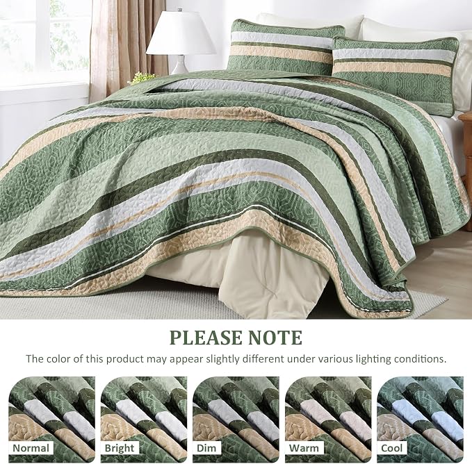 Dobuyly Striped Quilt King Size, Boho Green Lightweight Bedspread Bedding | - Image 4