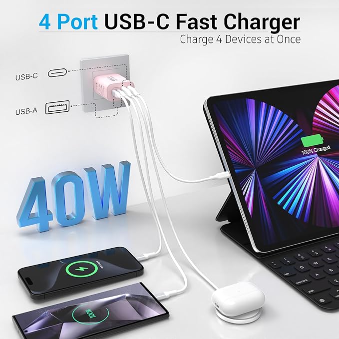 TT&C USB C Block 40W, 4 Ports Wall Plug Fast Charging Block, PD+QC Multiport Power Adapter USB C Charger Type C for iPhone 17, 17 Air, 17 Pro, 17 Pro Max, 16,15,14,13,12, Galaxy Phones (Pink 1Pack)