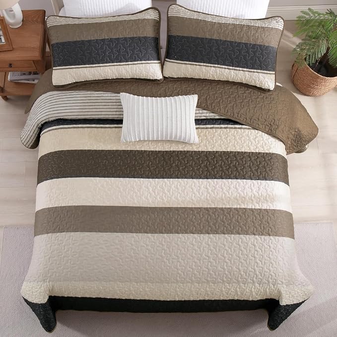 Dinjoy Full Boho Striped Quilt Set, alck White Lightweight Bedspread | Soft - Image 2