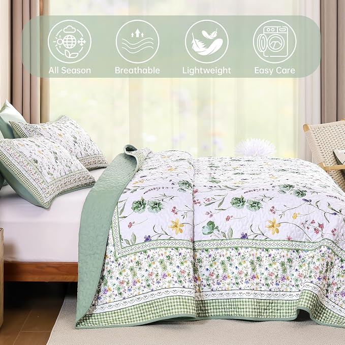 WONGS BEDDING Floral Quilt Set Queen，3 Pcs Green Bedspreads Coverlet Set | - Image 5