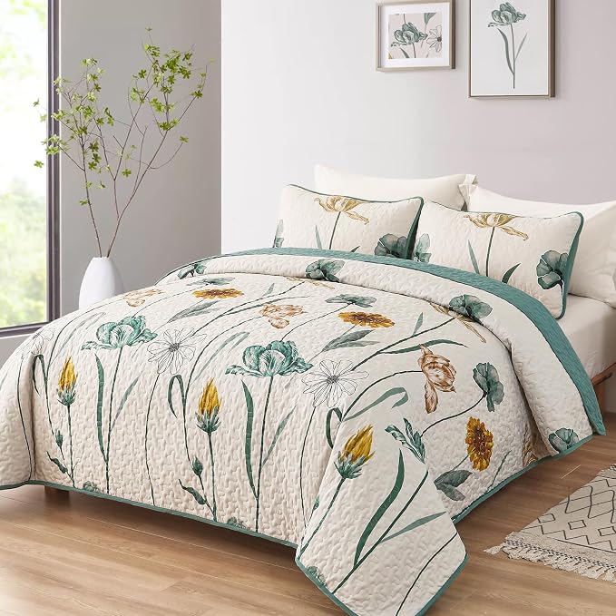 WONGS BEDDING Floral Quilt Set King Size, Aqua Botanical Coverlet | Farmhouse - Image 2