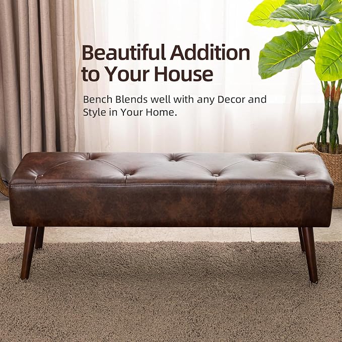 44 Inch Tufted Bench, Leather Footrest Bedroom Bench Seat, Upholstered Leather - Image 8