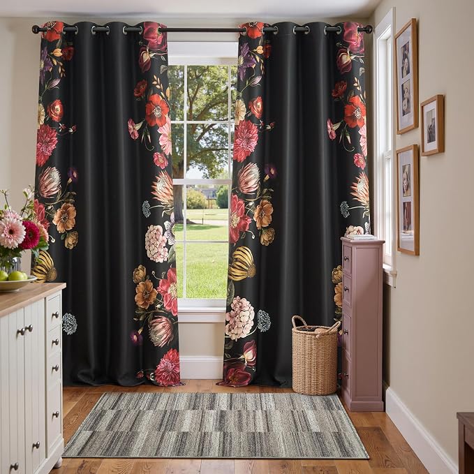 jinchan Black Floral Blackout Curtains 96 Inch Vintage Grommet 2 Panels | Room - Image 8