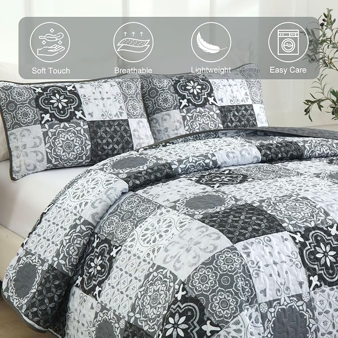 Dobuyly Quilt Set Queen Size, Boho Plaid Patchwork Bedspreads, Lightweight Soft - Image 4