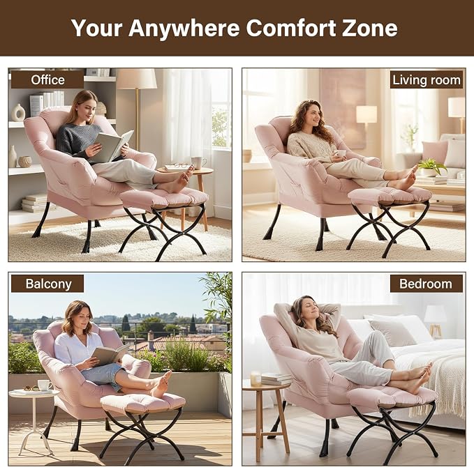 Welnow Lazy Chair with Ottoman, Reading Chair with Footrest, Foldable Footrest - Image 6