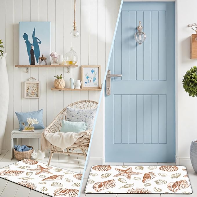 Kitchen Mats for Floor Cushioned Anti Fatigue Sets of 2 Beach Theme Kitchen Rugs Non Slip Waterproof Coastal Foam Kitchen Floor Rug Nautical Seashell Comfort Standing Mat For Sink Laundry, Coral