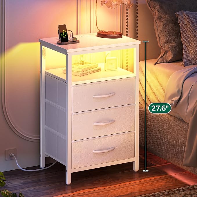 Huuger Night Stand with Charger Station and LED Lights, 3 Drawer Nightstand | - Image 4