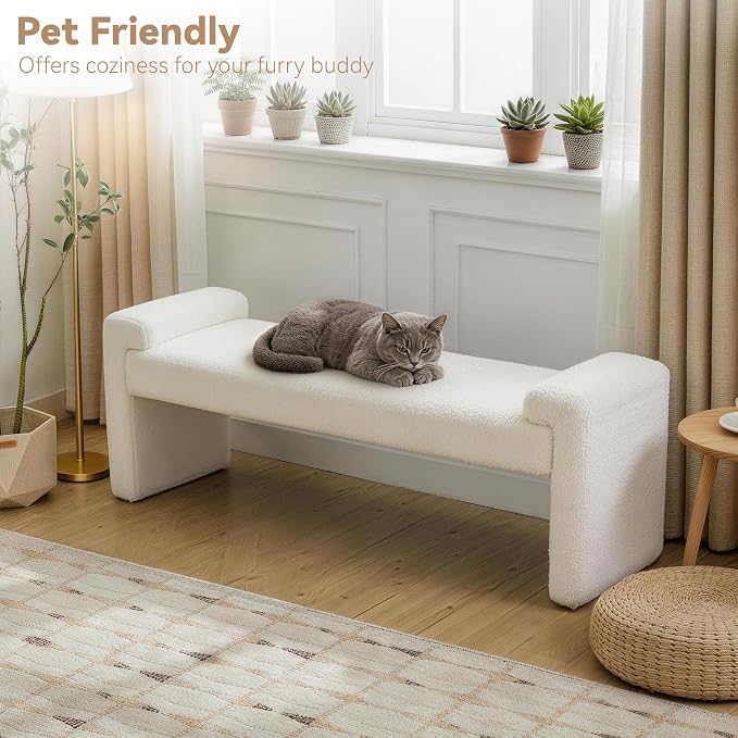 Upholstered Entryway Bench, 58.7" Modern Bedroom Bench, Curved Armrests - Image 5