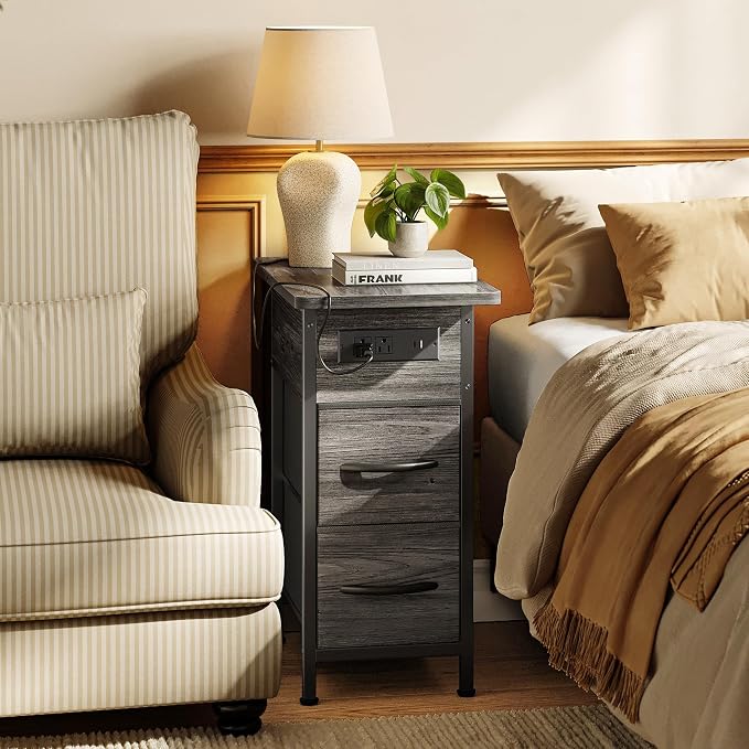 Huuger Narrow End Table with Charging Station, Side Table with 2 Drawers | Slim - Image 6