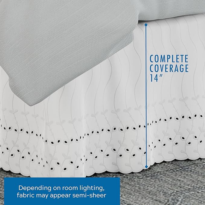Fresh Ideas Eyelet Bed Skirt, Ruffled Design, 14 Inch Drop, Embroidered Scalloped Edge, King, White