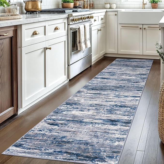 2.6x8 Modern Abstract Runner Rug for Hallways, Navy Blue Gray Neutral Multi Super Soft Hallway Decor Kitchen Rugs with Non-Slip, Non-Shedding Washable Rug for Entryway Bedroom Indoor