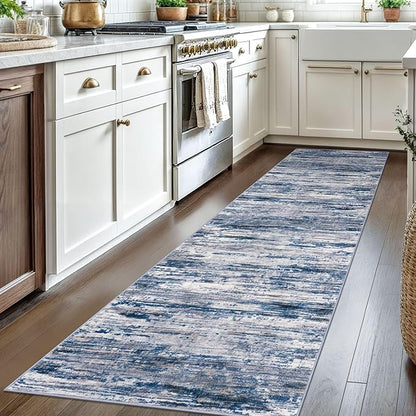 2.6x8 Modern Abstract Runner Rug for Hallways, Navy Blue Gray Neutral Multi Super Soft Hallway Decor Kitchen Rugs with Non-Slip, Non-Shedding Washable Rug for Entryway Bedroom Indoor