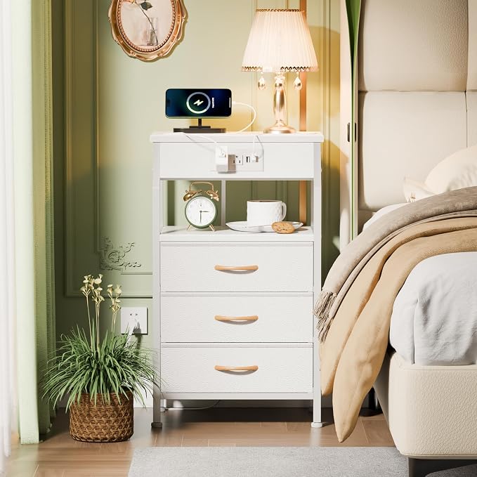 White Nightstand with Charging Station, 3 Drawers Bedside Table | 28.3 Inch - Image 2