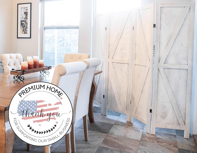 Premium Home 4-Panel Room Divider – Rustic White Barn Door, K Pattern Folding - Image 4