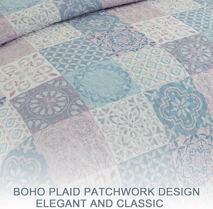 Dobuyly Quilt Set Queen Size, Light Blue/Pink Patchwork Bedspread 3 Pieces - Image 9