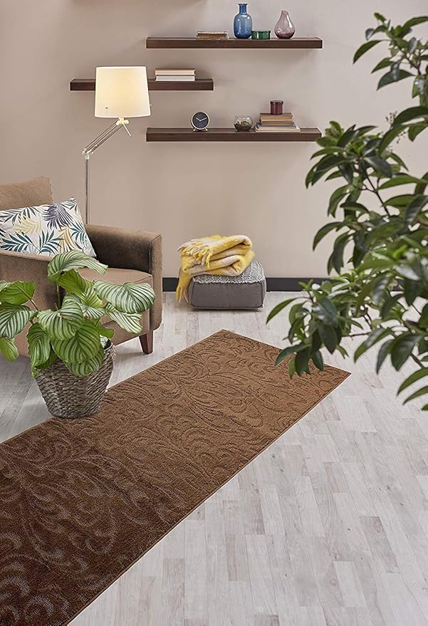 Custom Length Hallway Runner Rug,Slip Resistant,Floral Brown, 26 Inch X 35 feet, Sold and Priced Per Foot