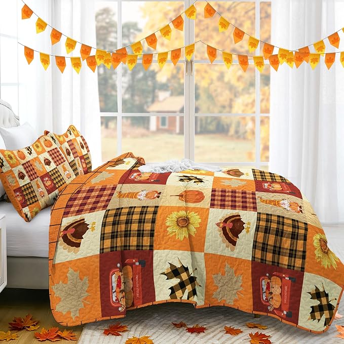 Fall Patchwork Quilt Set King Size 3 Piece Thanksgiving Bedding Set Orange | - Image 4