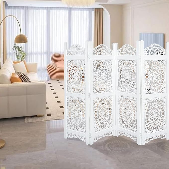 Lightnpro 4-Panel Wooden Room Divider 48 × 64 Inch Antique White Finish - Image 7
