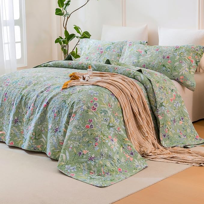 QSH 3Pcs Oversized King Bedspread Set, 100% Cotton Green Floral Quilt Bedding - Image 3