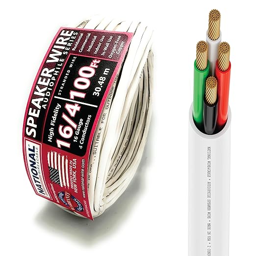 NATIONAL Wire&Cable - 16/4 Audiophile Speaker Wire (100 Feet) 16AWG Gauge - Made in USA - in Wall Audio Speaker Wire Cable/CL Rated/ETL Listed / 2 Conductors - OFC Oxygen-Free Copper, White 100ft