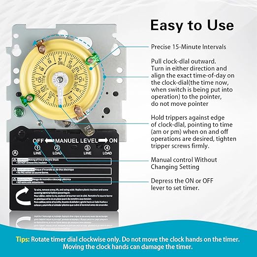 T104M Mechanical Timer Switch Mechanism Only, 208-277V 40A DPST, Heavy Duty Outdoor Timer for Pool Pump, Water Heater, Lighting – 24-Hour, 12 ON/Off Cycles.