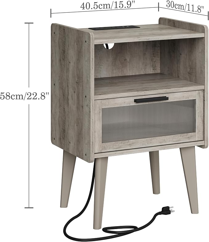 MMEOLUOOK Nightstand with Charging Station, Bedside Tables Oak Grey End Table - Image 3