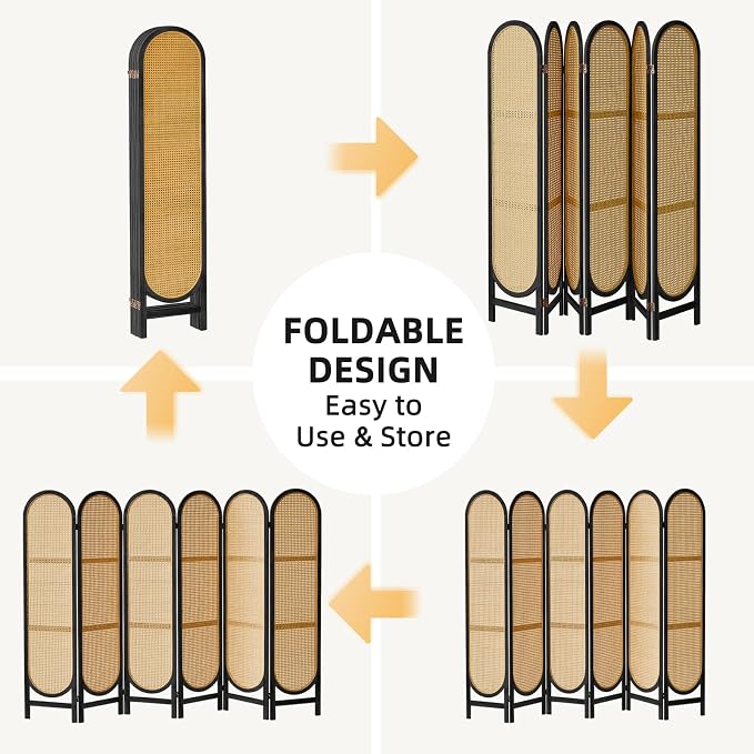 6 Panel Rattan Room Divider, Folding Room Divider Screen, Arched Room Separator - Image 7